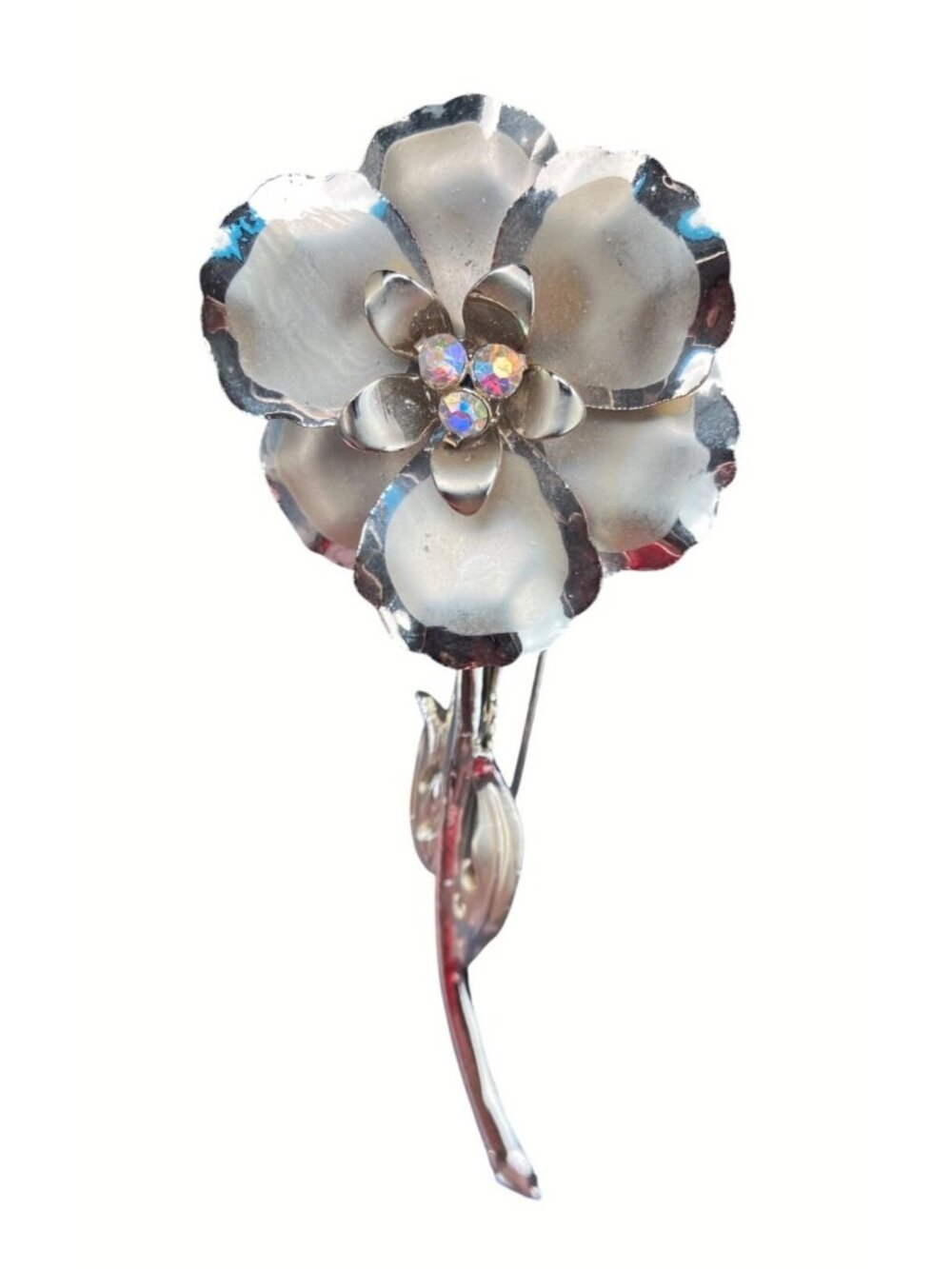 Vintage Silver Tone Flower Brooch With Aurora Borealis Rhinestone Center